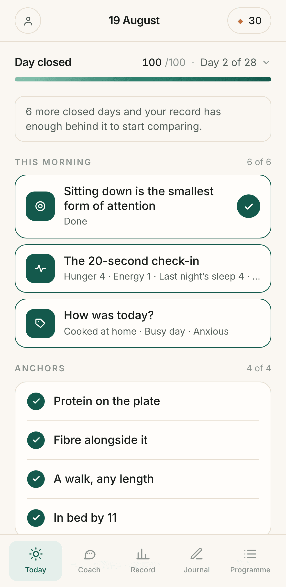 The SteadyDays member home: score ring, today's action, and daily anchors